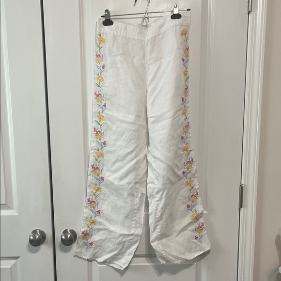 Calypso St. Barth Pants - Calypso St Barth Boho White Linen Embroidered Floral Wide-Leg Pants Small